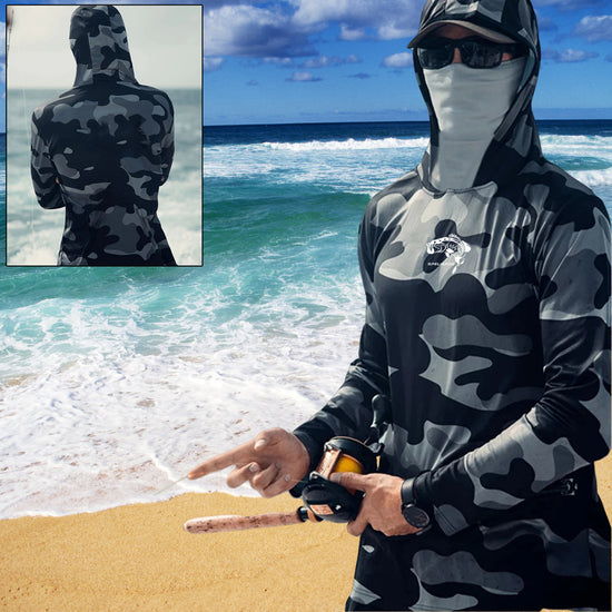 UPF 50+ Performance Fishing Hoodie – Long Sleeve Sun Protection Jersey with Face Mask & Neck Cover – Breathable, Stain-Resistant Sailing & Hunting Tech Shirt