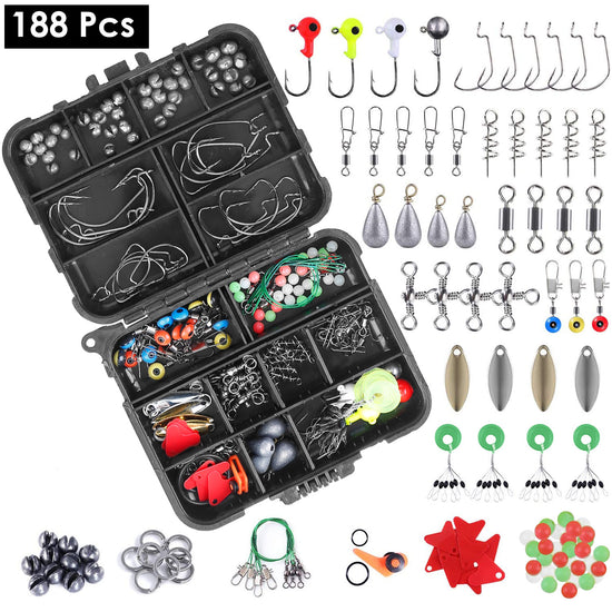 188pcs Ultimate Fishing Accessory Kit – Pro Terminal Tackle Box Set with Jig Hooks, Sinker Weights, Spoon Lures & Swivels – Corrosion Resistant Gear for Saltwater & Freshwater